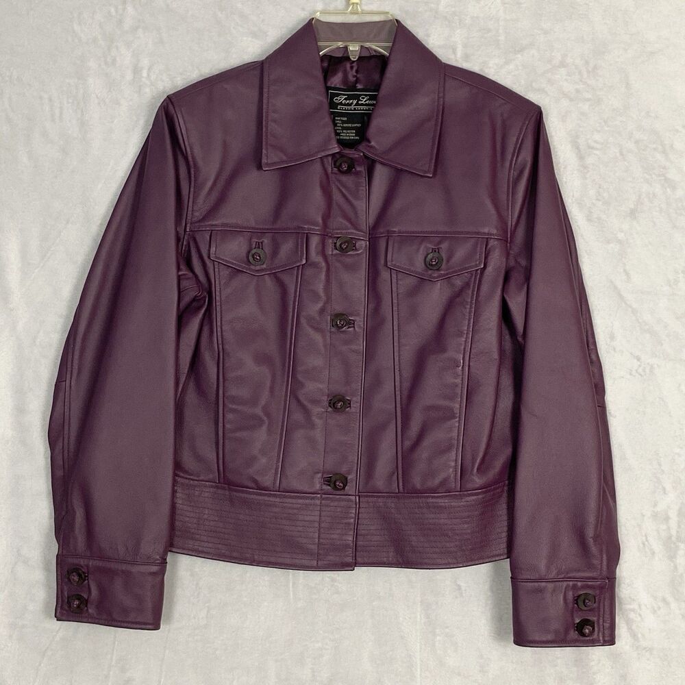 Vintage Terry Lewis Leather Jacket Womens Medium Purple Eggplant Pockets Short